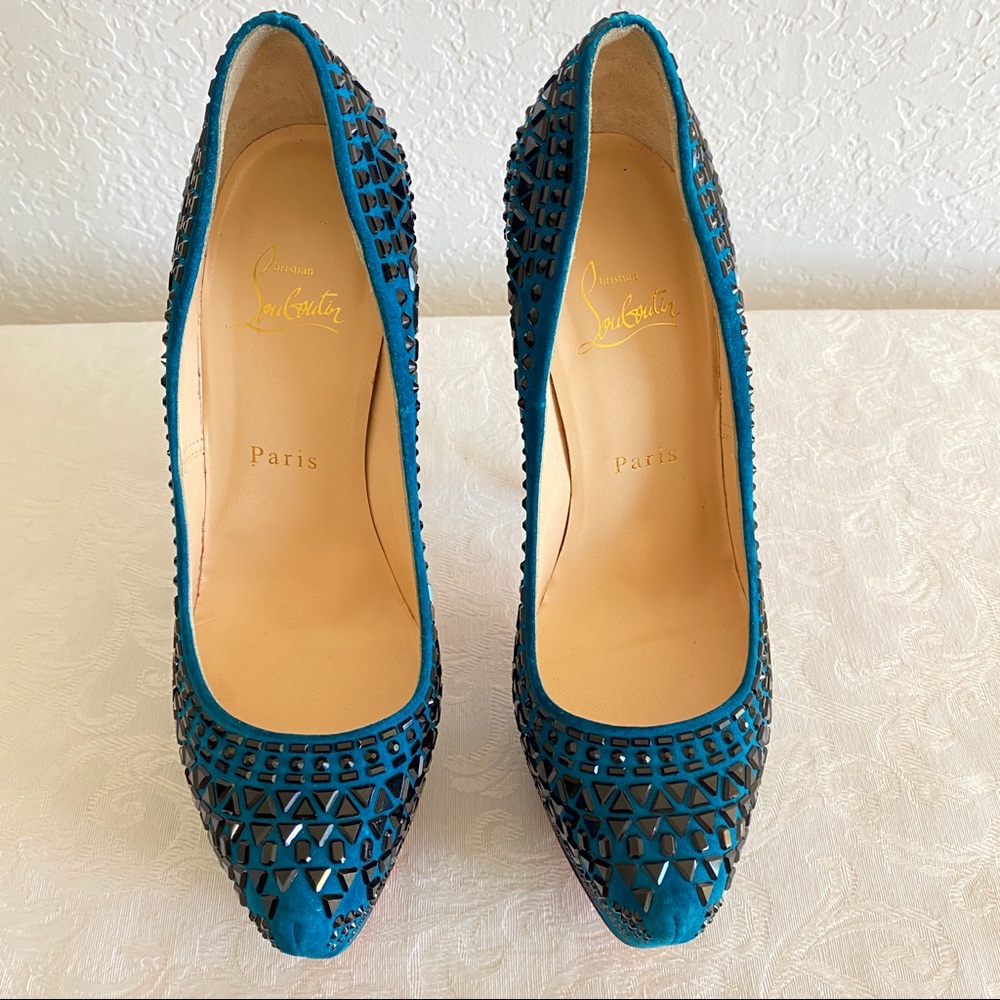 CHRISTIAN LOUBOUTIN Blue 
Decora Strass Suede platform Pumps - Picture 5 of 15